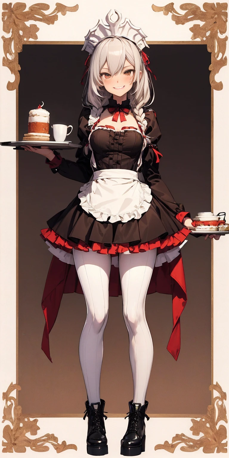 full body standing straight symmetrical, lustful smirking smile face red blush red cheeks, looking at viewer, holding tray, braid, maid headdress, maid, dress, apron, long sleeves, brown pantyhose, long leather militar boots, thighs, long white hair, masterpice
