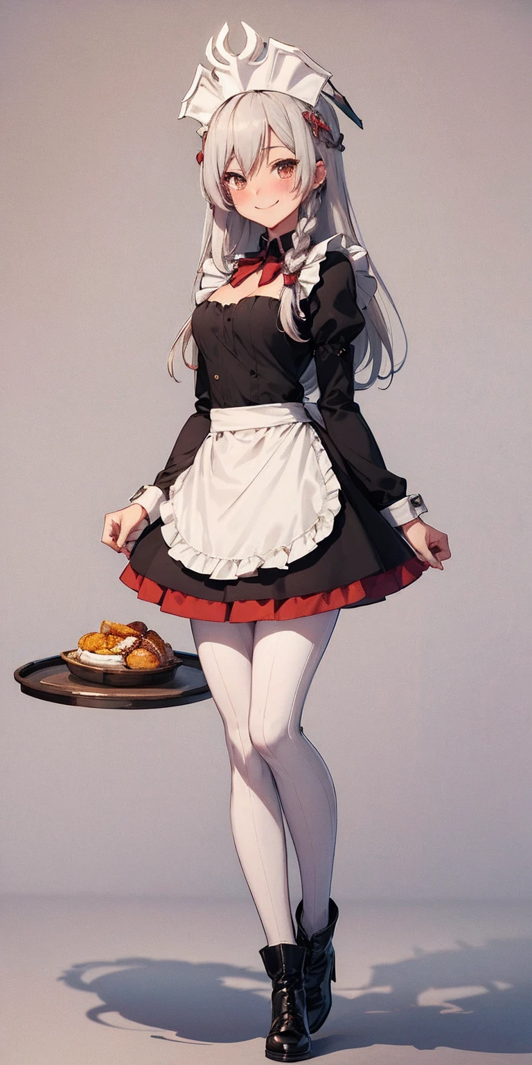 full body standing straight symmetrical, lustful smirking smile face red blush red cheeks, looking at viewer, holding tray, braid, maid headdress, maid, dress, apron, long sleeves, brown pantyhose, long leather militar boots, thighs, long white hair, masterpice