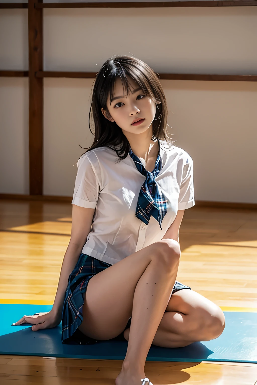 8k, Raw photo, highest quality, masterpiece:1.2), masterpiece, highest quality, figure, Very detailed, Fine details, High resolution, 8k,wallpaper, Perfect dynamic composition,(Detailed high quality, Realistic depiction of eyes:1.3)、A woman who has been and has her hands tied、Arms wrapped around his back, hands tie behind back, Sitting on a bright gym floor with feet together and knees bent in front of each other、With legs wide open、Tartan plaid pleated skirt、whole body、White panties are visible、The whole thing faces forward、21talent、Beauty、Well-formed face、Make your eyes even、Beautiful black hair、Has bangedium build、Well-balanced proportions、Beautiful legs、Short sleeve blouse、Fresh face、Beautiful scenery、