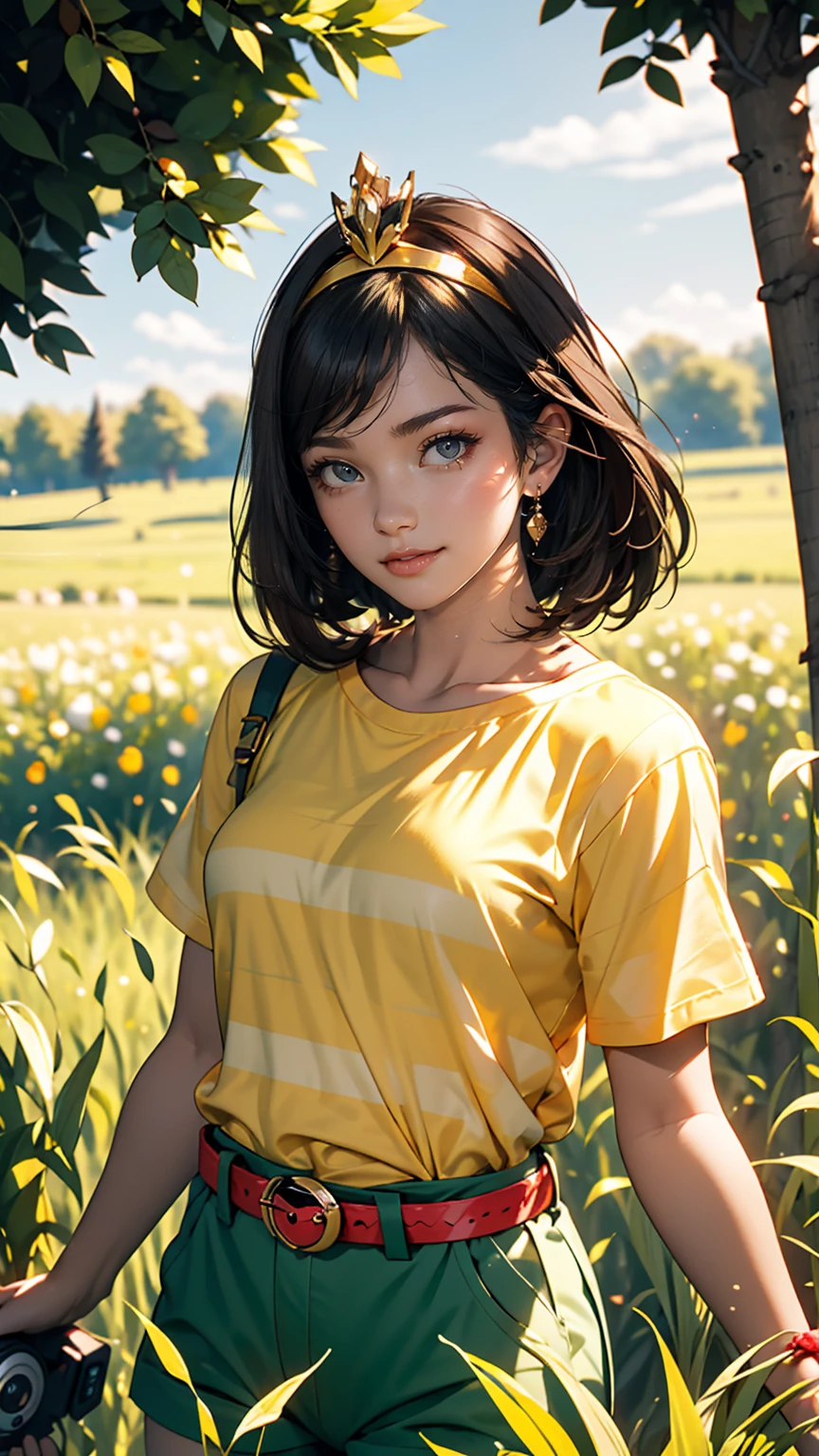 masterpiece, highest quality, High resolution, Calm 1, 1 girl, Calm 1, 1 girl, Calm (Pokemon), alone, Grey Eyes, Black Hair, green Shorts, Red Tiara, shirt, tied shirt,, short hair, Short sleeve, Shorts, stripe, yellow shirt, belt, Middle class shooting, Grass, Field, smile, Are standing,