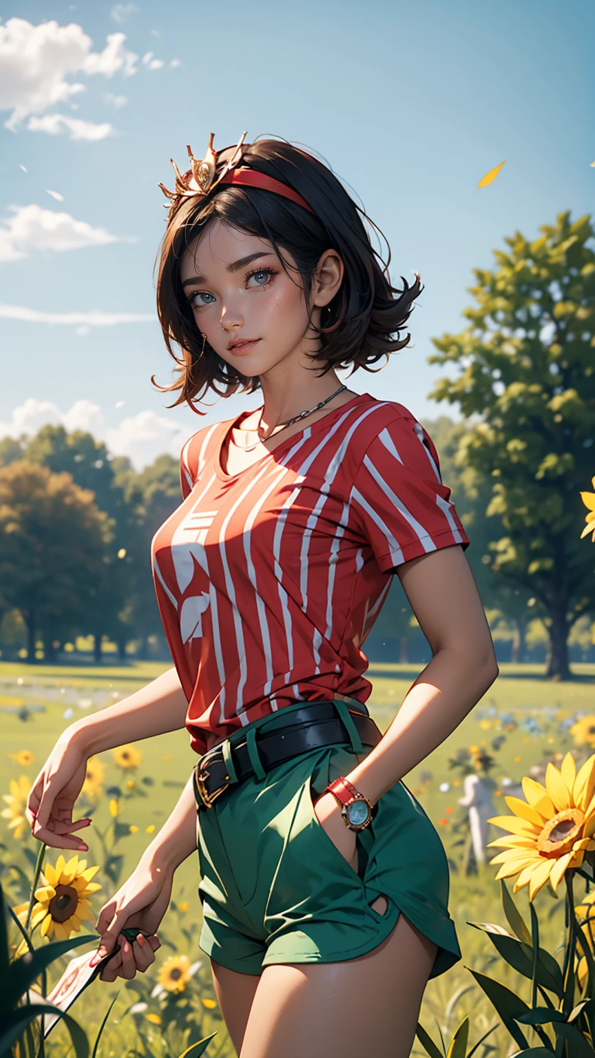 masterpiece, highest quality, High resolution, Calm 1, 1 girl, Calm 1, 1 girl, Calm (Pokemon), alone, Grey Eyes, Black Hair, green Shorts, Red Tiara, shirt, tied shirt,, short hair, Short sleeve, Shorts, stripe, yellow shirt, belt, Middle class shooting, Grass, Field, smile, Are standing,