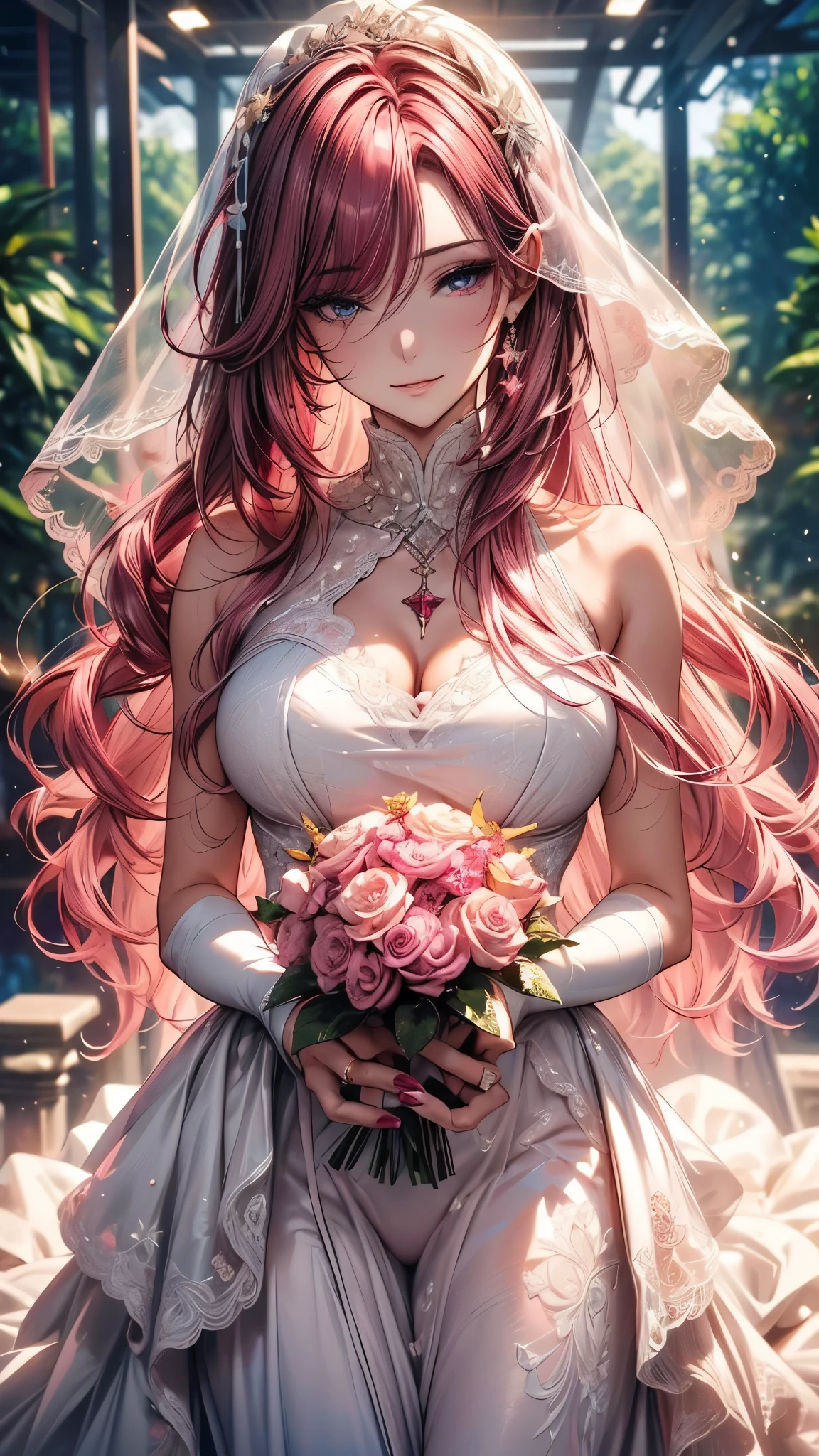 (masterpiece, best quality, beautiful and aesthetic:1.3), , 1 girl, Happy,  smirk,  (Claret hair Gradient pink hair:1.6), Absurdly long hair, half updo half up half down, wavy end, shiny hair, Flowing hair, (Deep purple eyes), Exquisite eyes, Aqua eyes, Super high detail eyes, long upper eyelashes, cosmetic, focus on face, Very rich facial details, Pretty Face, Perfect breasts, Hot body, (The skin texture is delicate:1.2), white Wedding dress, Lace-trimmed dress, transparent, Wedding dress, outdoor, White Rose, garden, morning, Everlasting, Very detailed, 