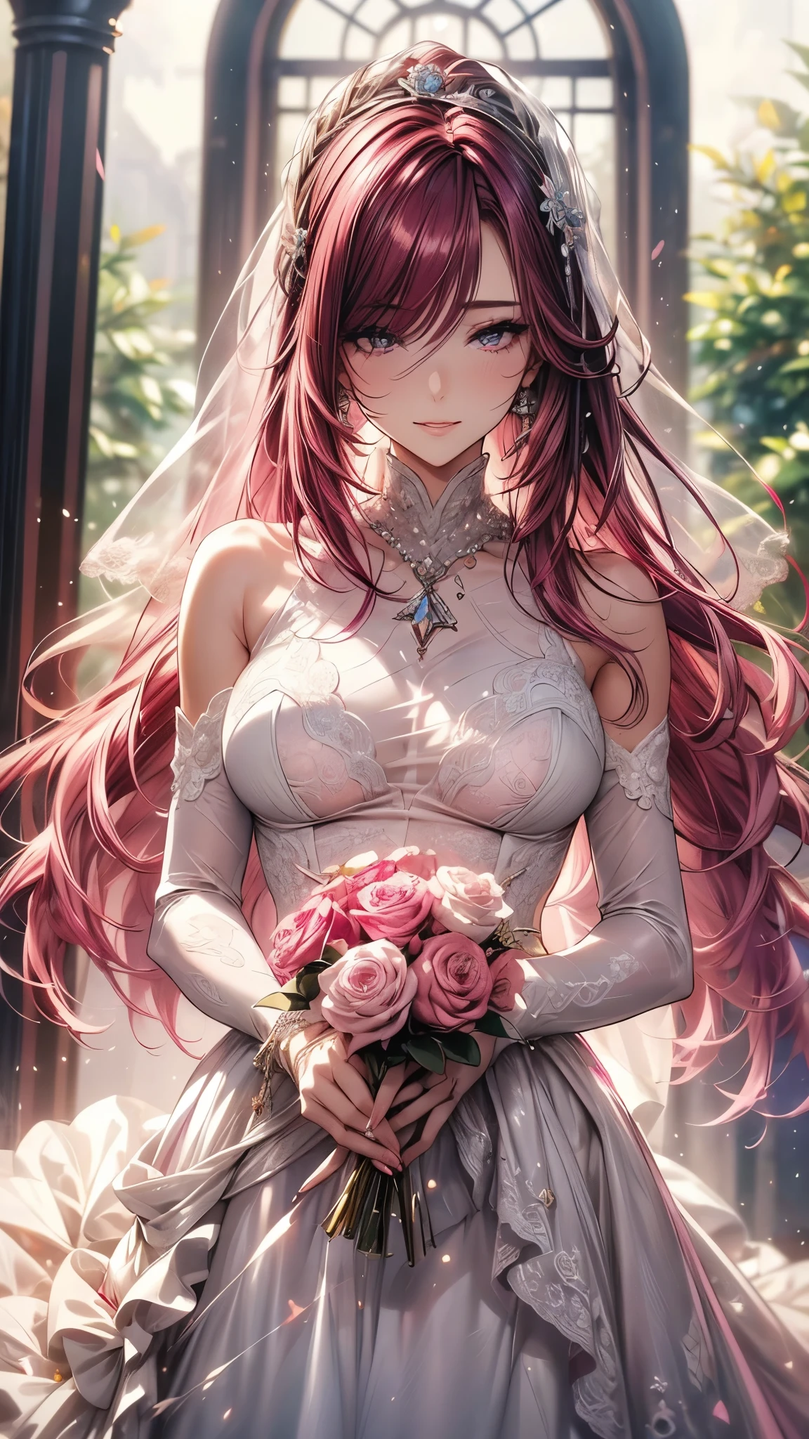 (masterpiece, best quality, beautiful and aesthetic:1.3), , 1 girl, Happy, smirk, (Claret hair Gradient pink hair:1.6), Absurdly long hair, half updo half up half down, wavy end, shiny hair, Flowing hair, (Deep purple eyes), Exquisite eyes, Aqua eyes, Super high detail eyes, long upper eyelashes, cosmetic, focus on face, Very rich facial details, Pretty Face, Perfect breasts, Hot body, (The skin texture is delicate:1.2), white Wedding dress, Lace-trimmed dress, transparent, Wedding dress, outdoor, White Rose, garden, morning, Everlasting, Very detailed,