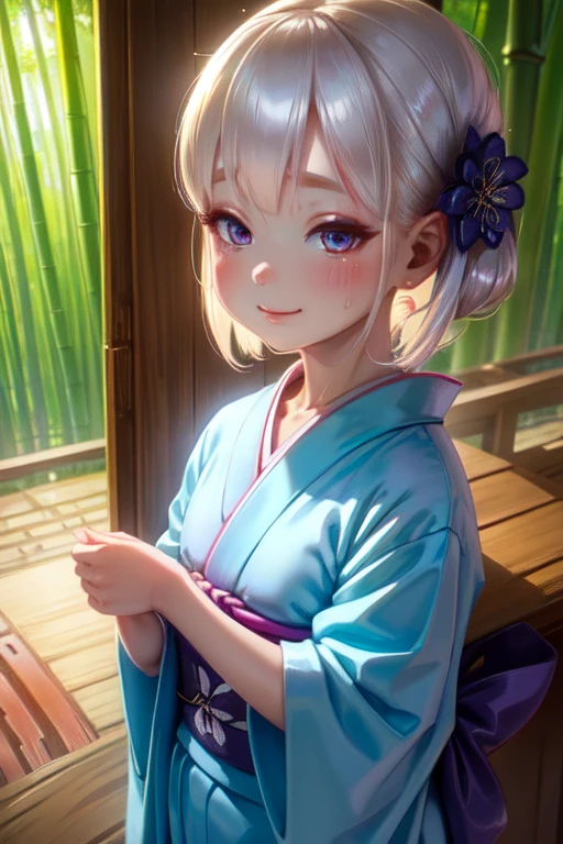 (High quality, High resolution, Fine details), BREAK streaming sunlight through bamboo grove, BREAK indigo kimono, solo, curvy women, white hair, sparkling eyes, (Detailed eyes:1.2), smile, blush, Sweat, Oily skin, shallow depth of field, soft pastel colors, peaceful stillness