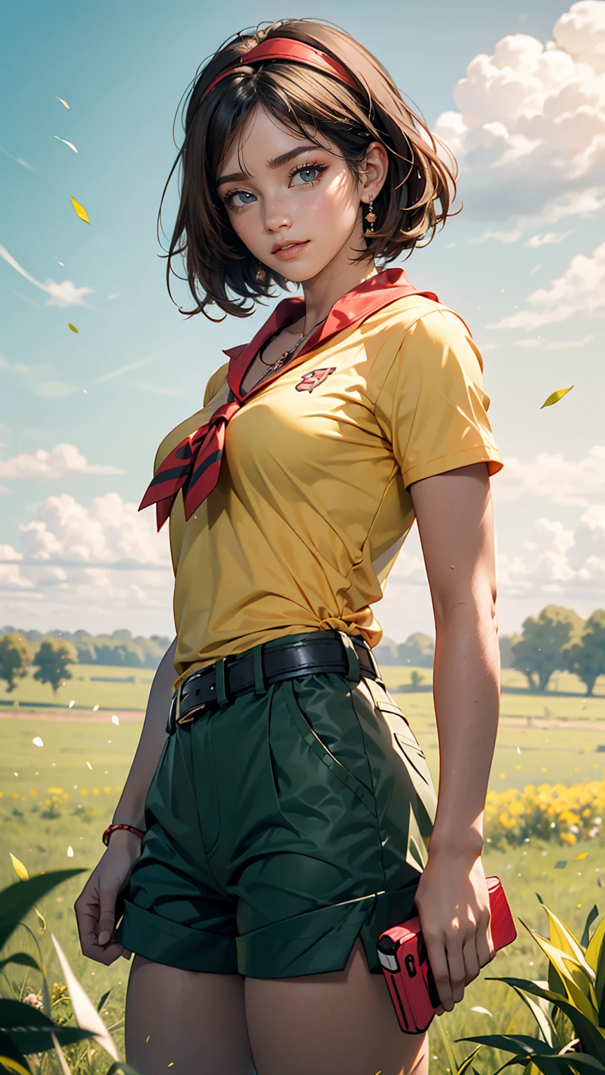 masterpiece, highest quality, High resolution, Calm 1, 1 girl, Calm 1, 1 girl, Calm (Pokemon), alone, Grey Eyes, Black Hair, green Shorts, Red Tiara, shirt, tied shirt,, short hair, Short sleeve, Shorts, stripe, yellow shirt, belt, Middle class shooting, Grass, Field, smile, Are standing,