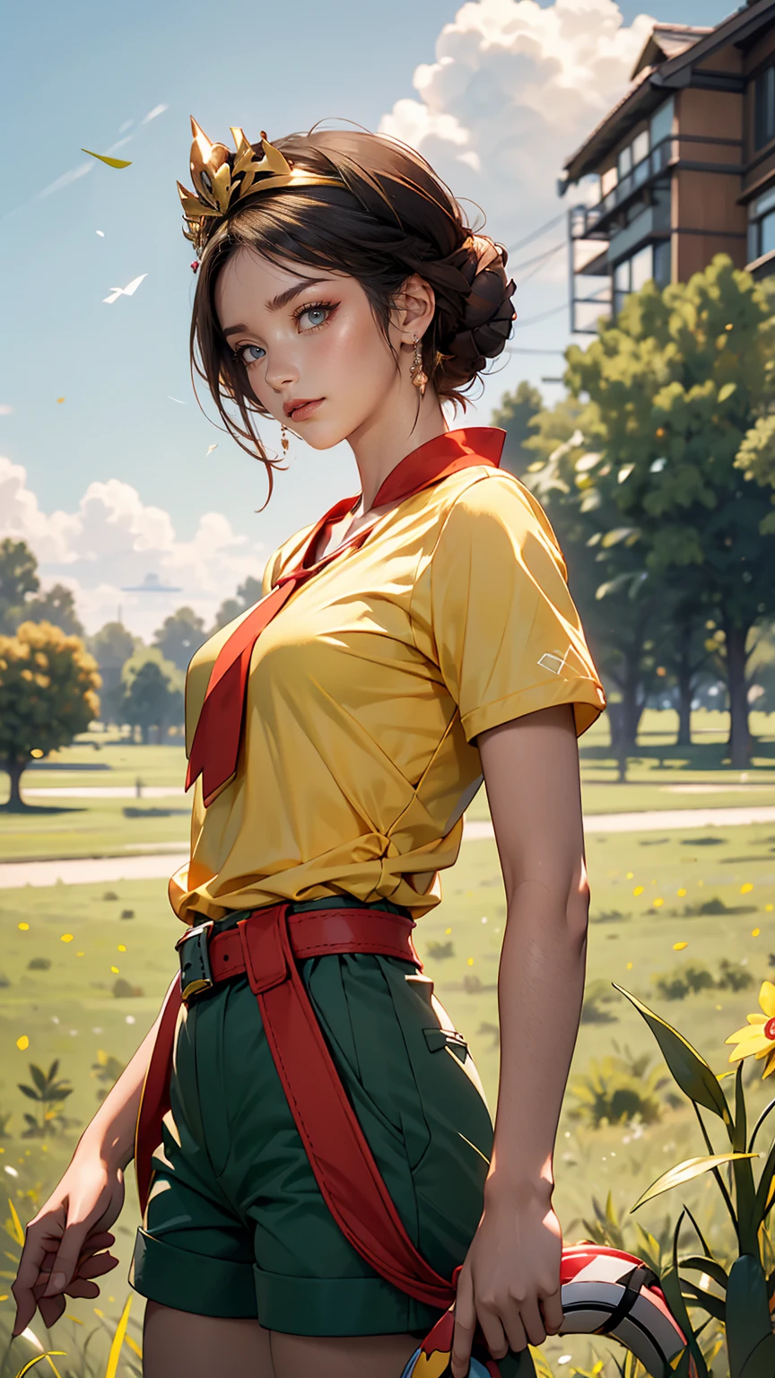 masterpiece, highest quality, High resolution, Calm 1, 1 girl, Calm 1, 1 girl, Calm (Pokemon), alone, Grey Eyes, Black Hair, green Shorts, Red Tiara, shirt, tied shirt,, short hair, Short sleeve, Shorts, stripe, yellow shirt, belt, Middle class shooting, Grass, Field, smile, Are standing,