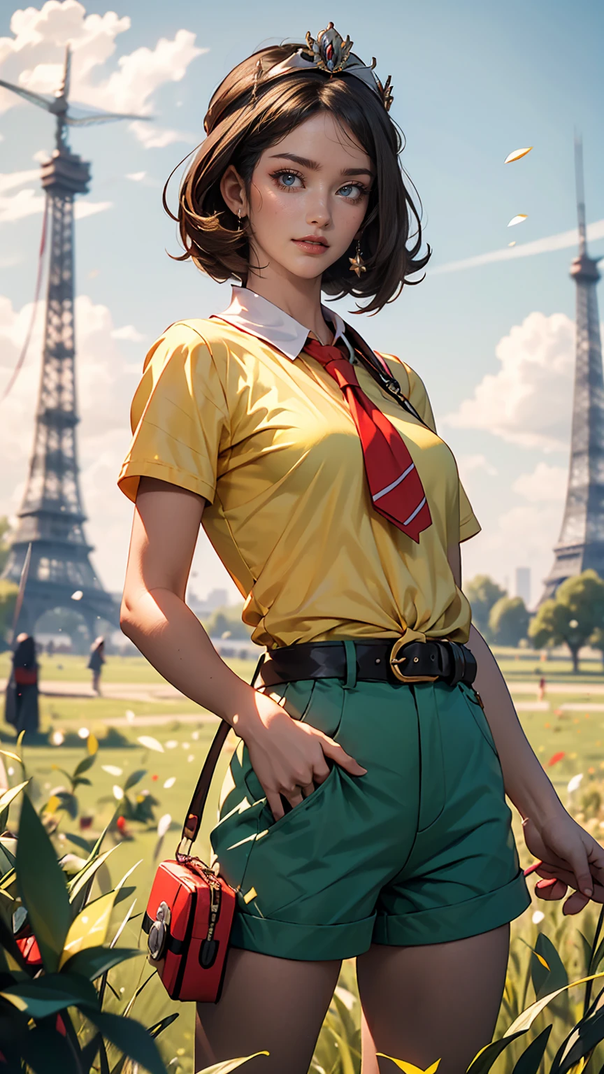 masterpiece, highest quality, High resolution, Calm 1, 1 girl, Calm 1, 1 girl, Calm (Pokemon), alone, Grey Eyes, Black Hair, green Shorts, Red Tiara, shirt, tied shirt,, short hair, Short sleeve, Shorts, stripe, yellow shirt, belt, Middle class shooting, Grass, Field, smile, Are standing,