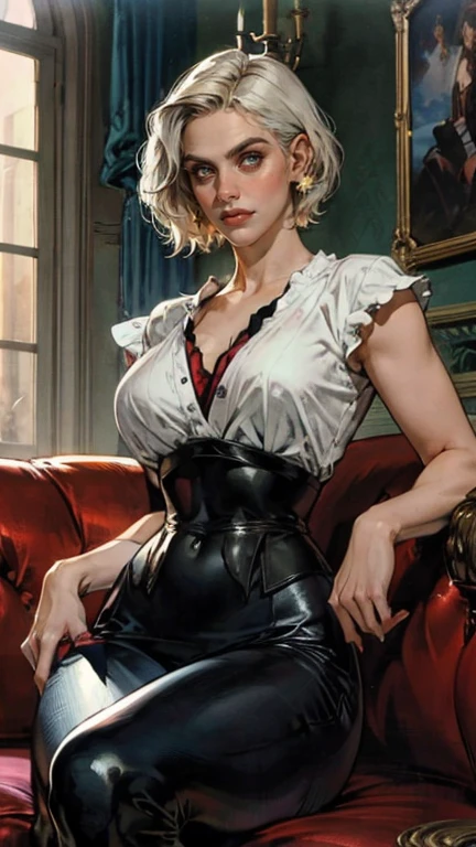 Uma linda mulher com longos cabelos pretos e brilhantes, franja agitada, um rosto delicado, um olhar frio e orgulhoso, uma figura adequada, um top peitoral de couro com gola alta estilo fantasia, sem mangas, exposes your waist, uma pulseira adorna seu pulso, tight leather pants, his right hand holds a Katana with a blue sheath, she rests casually sitting on a sofa, This character embodies a finely crafted fantasy-style bounty hunter in the anime style, exquisite and mature manga art style, (Alexandra Daddario:1.2), High definition, melhor qualidade, high resolution, ultra-detalhado, Pintura ultrafina, extremamente delicado, Profissional, Anatomicamente correto, Symmetrical face, olhos e rosto extremamente detalhados, olhos de alta qualidade, criatividade, Foto CRU, UHD, 32k, Luz natural, cinematic lighting, Obra de arte-anatomy-perfect, Obra de arte:1.5