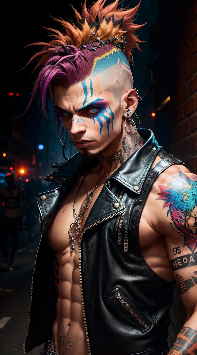 High-quality, 4K image: A captivating portrait of a rebellious figure, embodying the essence of punk culture. The subject sports a distinctive Mohawk hairstyle, adorned with multiple piercings and intricate tattoos that sprawl across their shoulders and arms. Their eyes, filled with a fiery spirit, pierce through the darkness, enhanced by the vibrant colors of their bold tattoos.
The individual is clad in a tattered and worn leather jacket, emblazoned with the emblem of anarchy. Underneath, they wear a tight, distressed black T-shirt, revealing a hint of their impressively toned physique. The highlight of the outfit