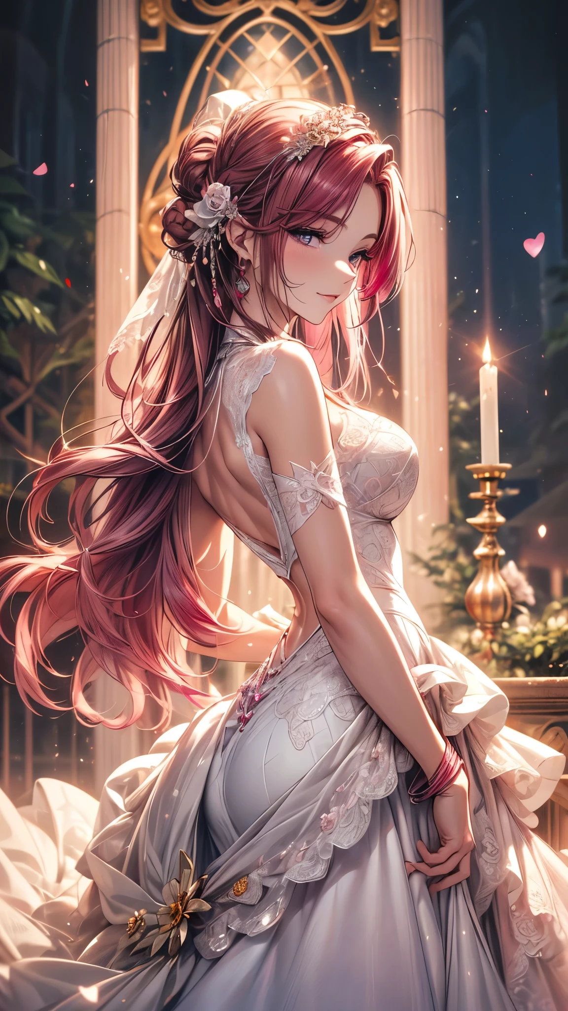 (masterpiece, best quality, beautiful and aesthetic:1.3), side view, look back, 1 girl, Happy, smirk, (Claret hair Gradient pink hair:1.6), Absurdly long hair, half updo half up half down, wavy end, shiny hair, Flowing hair, (glowing purple eyes), Exquisite eyes, Aqua eyes, Super high detail eyes, long upper eyelashes, cosmetic, focus on face, Very rich facial details, Pretty Face, Perfect breasts, Hot body, (The skin texture is delicate:1.2), white Wedding dress, Lace-trimmed dress, transparent, Wedding dress, outdoor, White Rose, garden, morning, Everlasting, Very detailed,