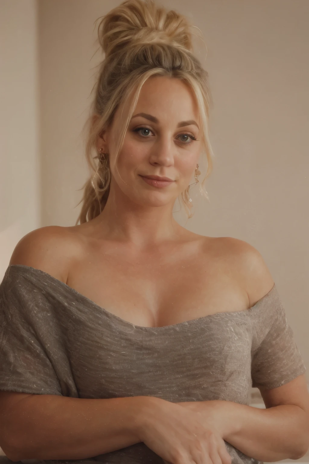 best quality,4k,8k,highres,masterpiece:1.2),ultra-detailed,(realistic,photorealistic,photo-realistic:1.37)Kaley Cuoco, smirking seductively, posing in an apartment, (high contrast black and white photography), (hard shadows), ((beautiful makeup)), arm raised, floor in background, actress,(dramatic lighting), wearing a oversized T-shirt dress