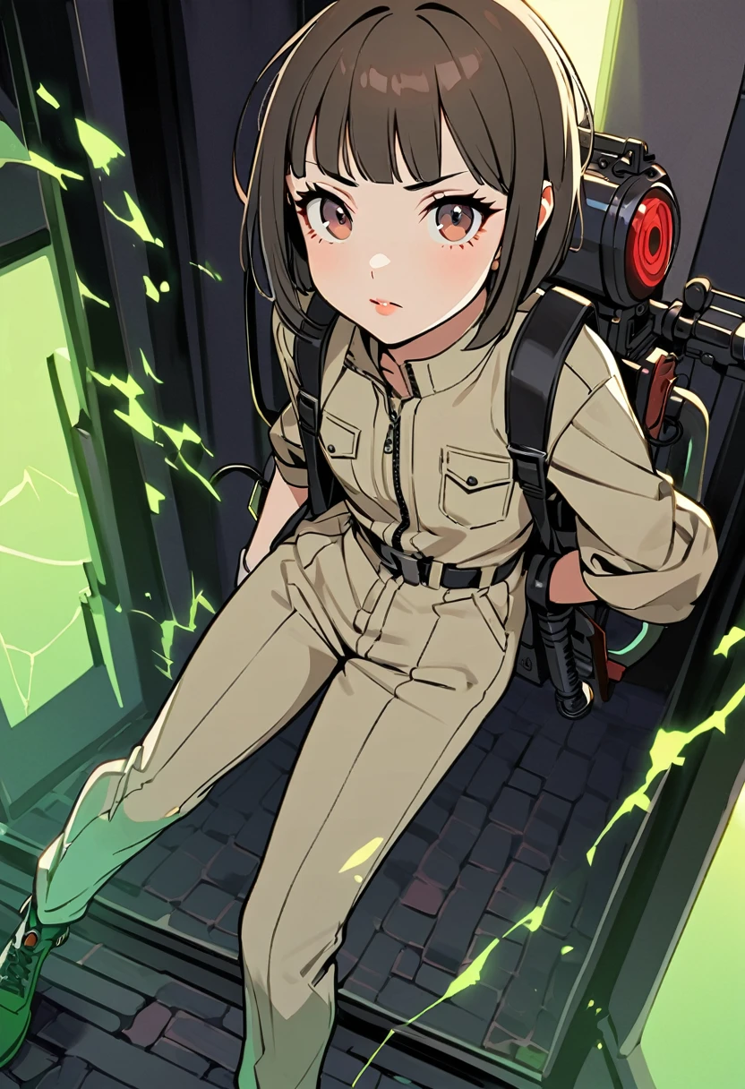 1girl exploring mysterious haunted mansion,(GHOST BUSTERS's jumpsuit(beige color)),Carrying a proton pack,Has Ghostbusters Proton Gun,BREAK 16yo,beautiful detailed face,(navy hair,wavy-short hair),parallel eyebrows,navy eyes with large irises,blunt bangs,small nose, fresh lips,small breasts,(5feet tall)), 
