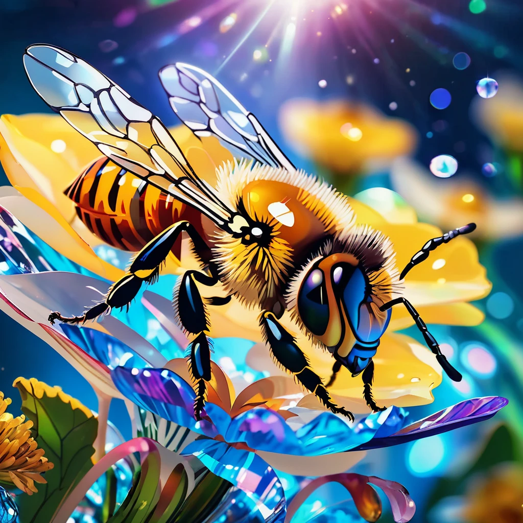 masterpiece Macro shot of a honey bee ,transparent color transparent color vinyl, ((prismatic shapes)), holographic, chromatic aberration, looking at viewer, 8k, ultra detailed, ((masterpiece)), (best quality),  detailed, realistic, 8k, 4k, UHD, high quality, lifelike, precise, vibrant, absurdres