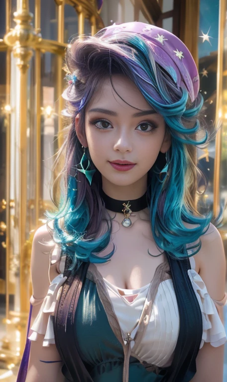 Photo oF a 17 year-old American girl, .CRUDO, beautiFul woman , cabello largo color azul turqueza ((retrato)), ((Cara detallada:1.2)), ((Detailed Facial Features)), (Piel Finamente detallada) , ojos color.azul , 、un sexy(color fresco), wet, wet, ReFlectoreasutepiece) (proporciones perFectaotos realistas)(La mejor calidad) (Detallado) FotograFiado con una EOS R5 de Canon, lente de 50 mm, F/2.8, NFFSW, (8K) (papel tapiz) (cinematic lighting) (dramatic lighting) (sharp Focus) (Enrevesado) senos grandes , pechos grandes , cuerpo completo , hermoso cuerpo de adolesente ,lindo maquillaje , gran sonrisa , labios rojos. Mlp ,Starlight Glimmer , foto dinamica , pose sexy , centro comercial , noche , sonrisa presumida , ropa morada , brazalentes con puas , cabello largo color azul turqueza con mechas color morado, cuerpo completo , foto de cuerpo completo , my little pony Equestria girls , tiene un collar con un rubi , ropa de pelicula my little pony Rainbow rocks , uniforme de policia