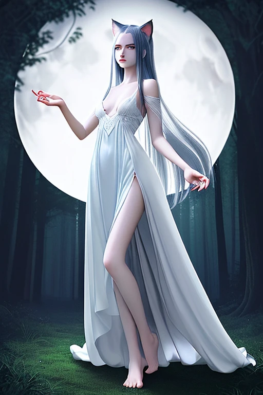 cat,hairy,white fine long hair,Dark blue long dress,Elegant,forest,night,moon,standing barefoot,evil,red pupils,Cold,Beautiful facial features,Delicate and smooth skin,