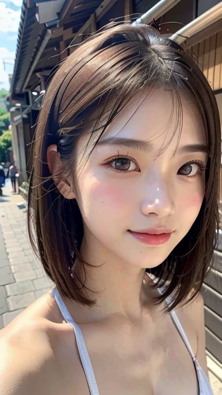With the alleys of Kyoto in the background、18-year-old girl、independent、look forward to、Light eye makeup、Brown Hair Color、flat 、Hair blowing in the wind、Quality of actress、Shiny, Ultra-realistic face、smileの表情、Watery eye、look up、Pleasant lighting effects、 Ultra-Realistic Capture、Very detailed、High resolution 16K human skin closeup。Skin texture must be natural、Must be so detailed that pores are visible、skin is healthy、There must be a unified tone、Use natural light and color、High quality photos taken by modeling agencies'Exclusive photographer、smile