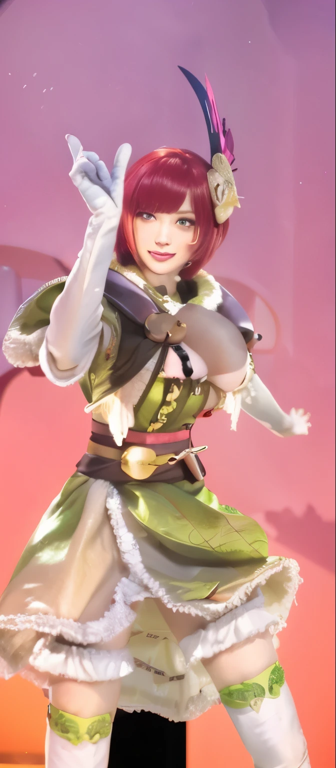 A red-haired girl with short hair and green eyes big breast