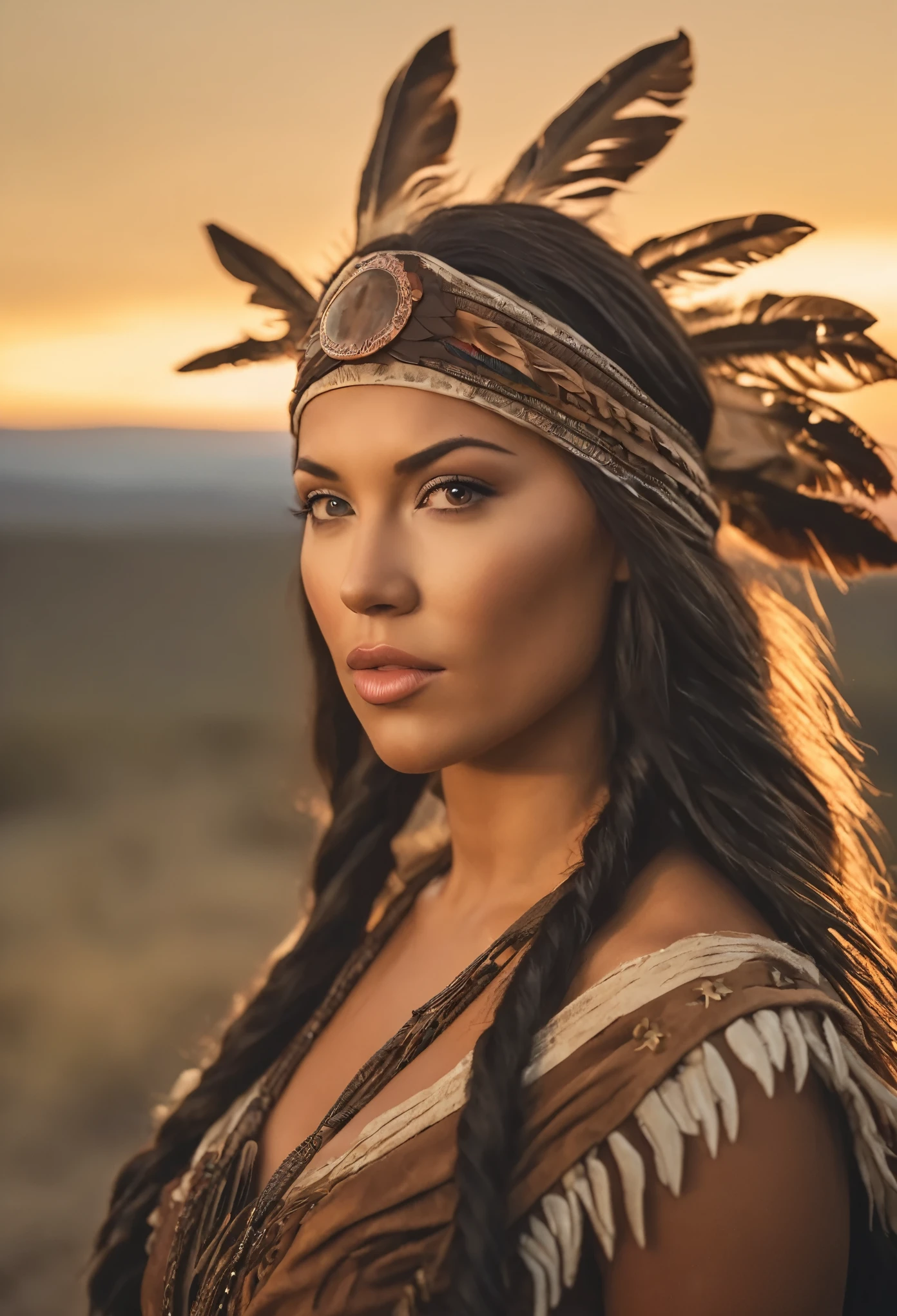 portrait photograph of Marie Avgeroupolus as Pocahontas, young beautiful native american woman, perfect symmetrical face, indigenes feather jewelry, traditional handmade dress, armed female hunter warrior, (((wild west))) environment, Utah landscape, ultra realistic, concept art, elegant, ((intricate)), ((highly detailed)), depth of field, ((professionally color graded)), soft ambient lighting, dusk, 8k, art by artgerm and greg rutkowski and alphonse mucha, perfectly drawn hands