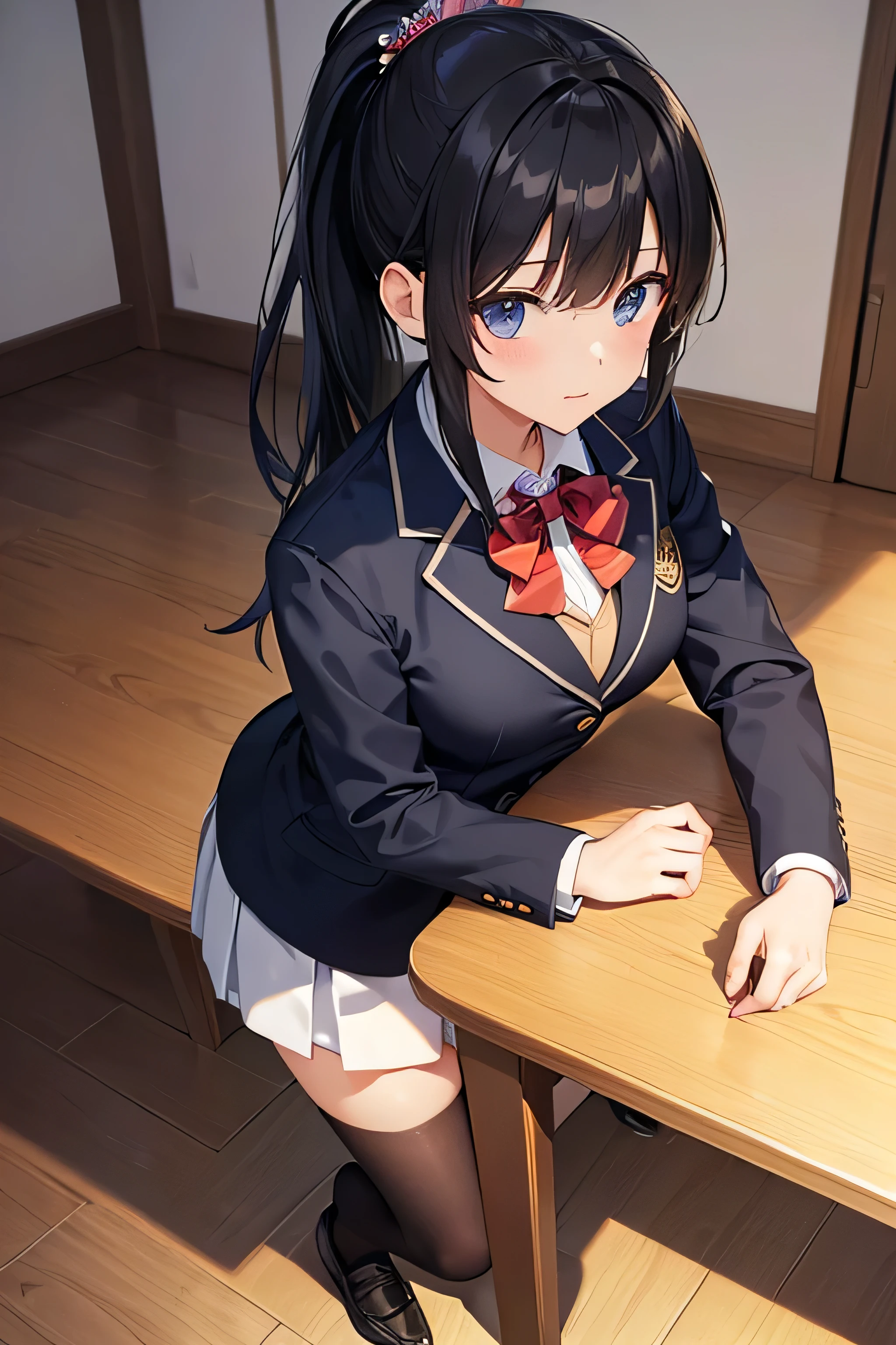 ((masterpiece、highest quality))、An illustration、Very detailed、high school girl、whole body、ponytail、uniform、blazer、Black Hair