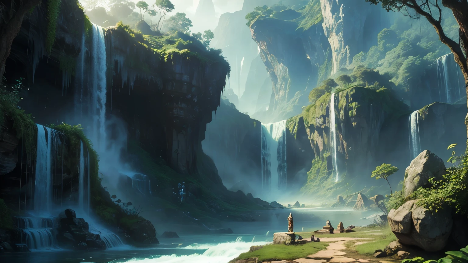 There is a waterfall in the middle of a tropical jungle, bela fantasia detalhada, fantasia altamente detalhada, fantasy scenic, arte digital de fantasia detalhada, Arte digital de fantasia 2D, detailed Arte digital de fantasia 2D, impressive paisagem de fantasia, fantasy pictorial style, arte estilo fantasia, medieval paisagem de fantasia, paisagem de fantasia, realistic fantasy illustration, Arte de fantasia 4k, cidade de fantasia