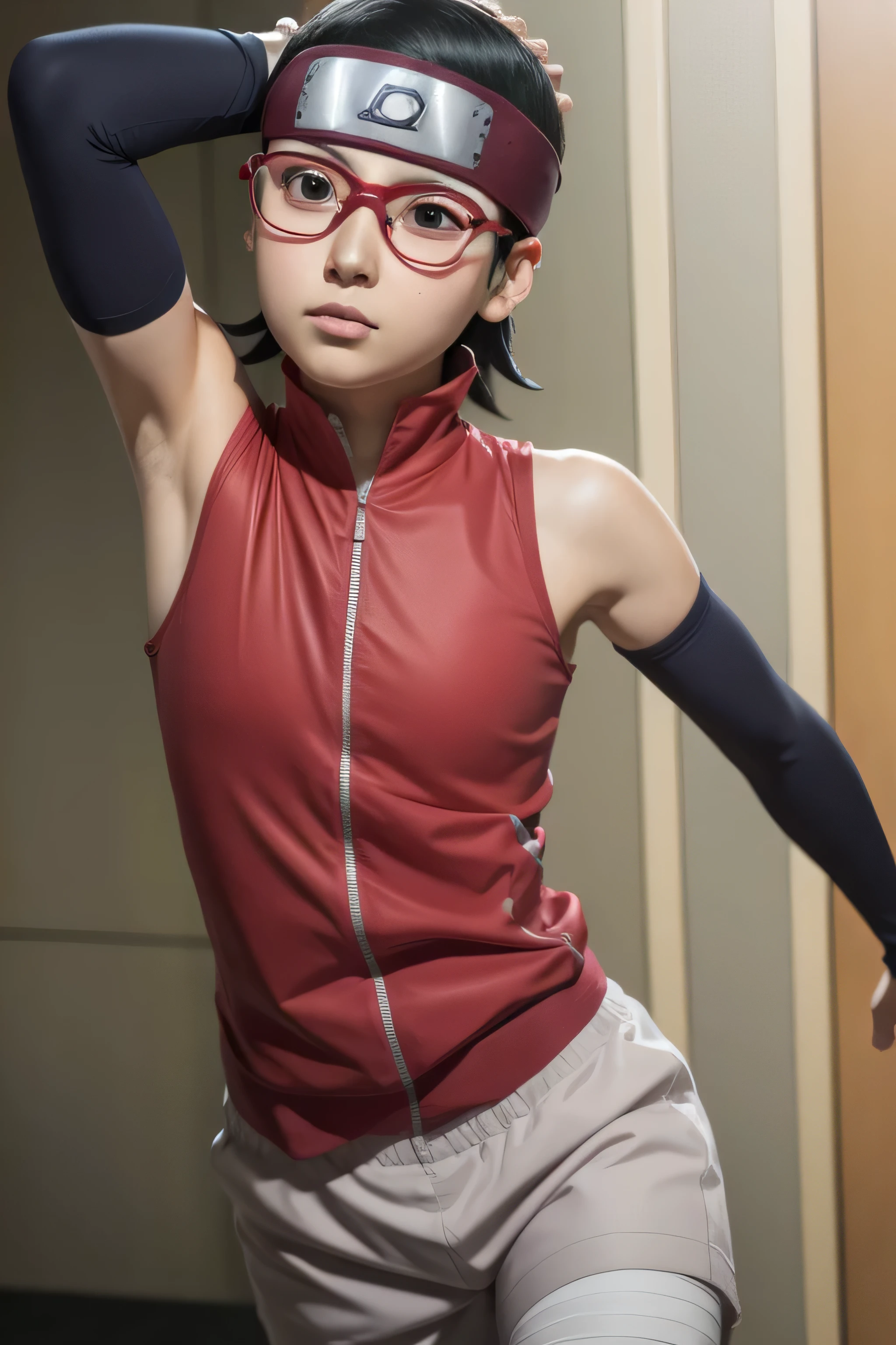 1 girl, standing, beautiful Sarada Uchiha, 18 years old, Cups, Black thighs, arm warmers, forehead protector, shorts, short hair, big chest, black eyes wearing glasses, small hips, big ass, capture anime screen, Sarada is 18 years old, mature appearance,armpits,sweat,sweaty,sweaty armpits,arms up,showing armpits,awesome armpits,outfit,blackish red arm warmers,maroon arm bands,matoon arm warmers