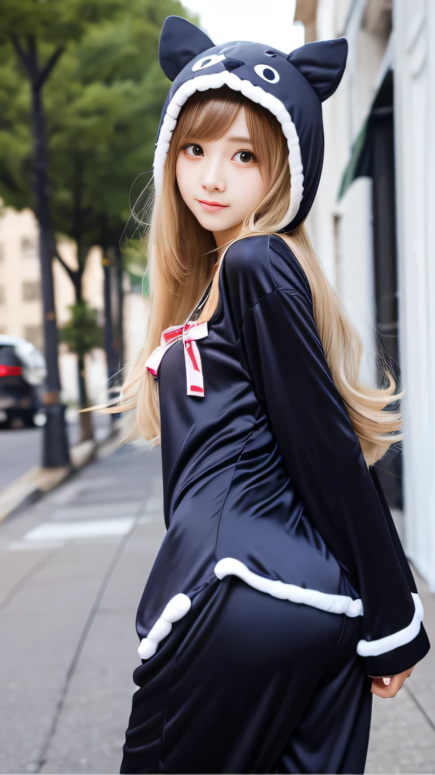 Kigurumi Costume Pajamas、Sexy Big 、A cute 15-year-old girl with a sexy and cute look, beautiful and sexy face、A strong wind blows my hair in front of my face、With straight blonde hair、beautiful, Cute and sexy eyes hidden behind long bangs、Costume pajamas
