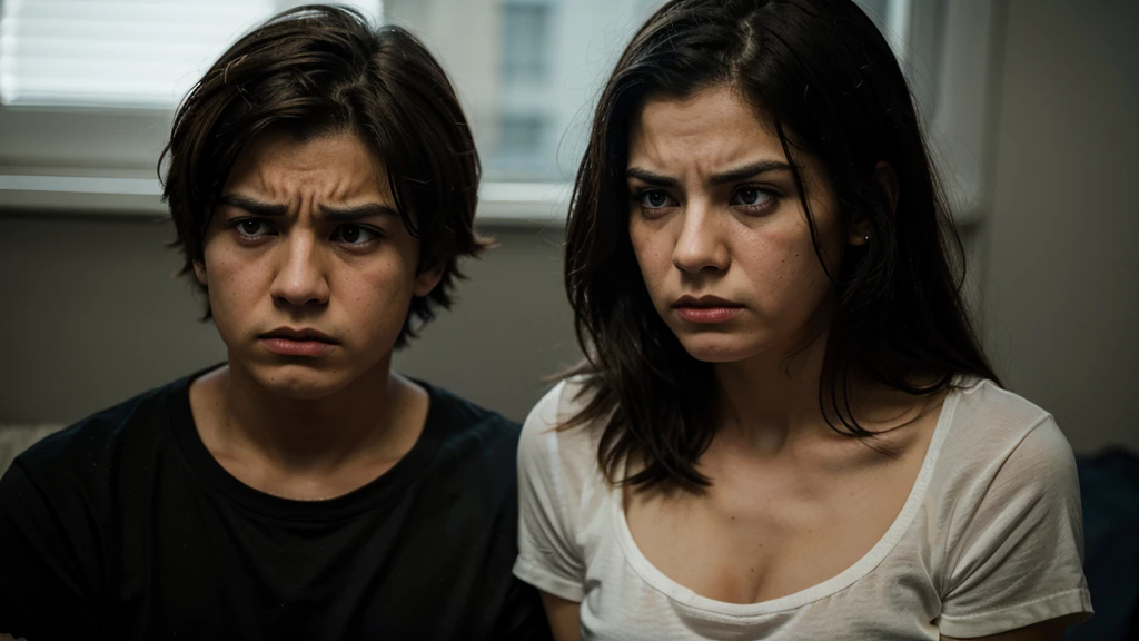 an angry woman, and a boy with a sad look