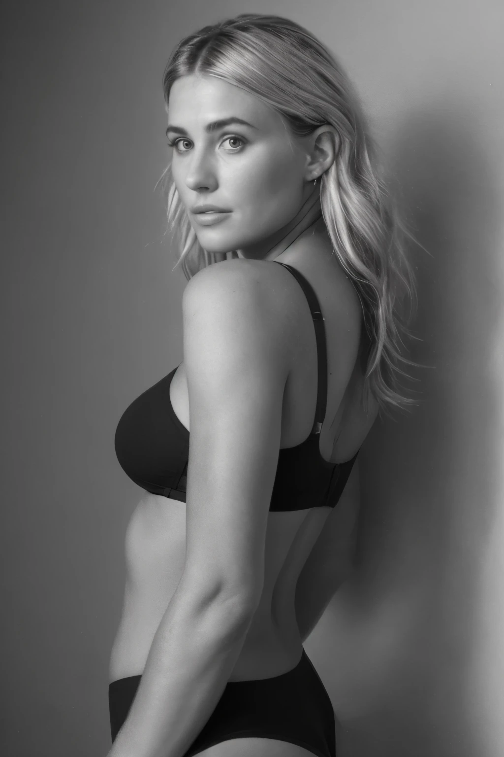 25 year old girl, (Kaley Cuoco:0.8), (Camilla Belle:0.9), (eugenie bouchard), beauty, beautiful girl, black and white photography, hard contrast, hard shadows, flawless skin, elegant pose, dramatic lighting, high fashion, cinematic, moody atmosphere, sports bra, thong, seductive smirk, close up.