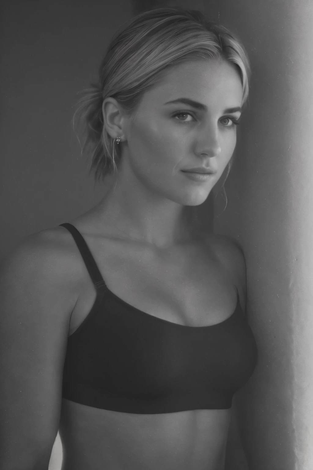 25 year old girl, (Kaley Cuoco:0.8), (Camilla Belle:0.9), (eugenie bouchard), beauty, beautiful girl, black and white photography, hard contrast, hard shadows, flawless skin, elegant pose, dramatic lighting, high fashion, cinematic, moody atmosphere, sports bra, thong, seductive smirk, close up.