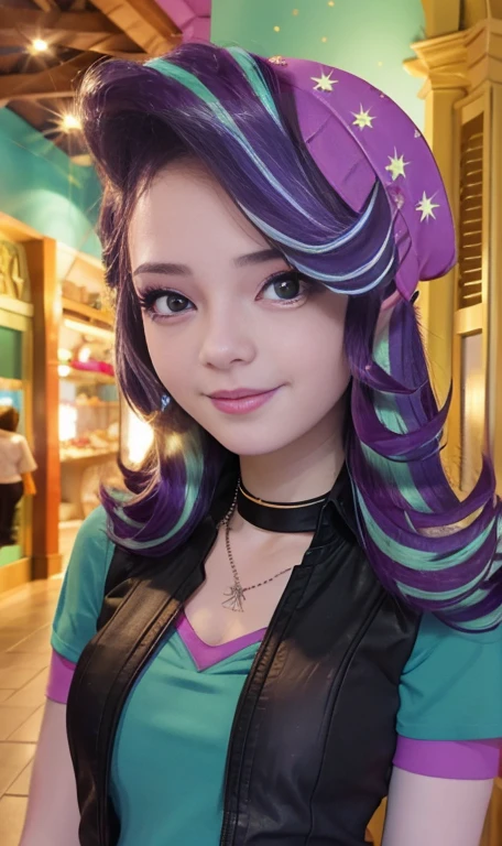 Photo oF a 17 year-old American girl, .CRUDO, beautiFul woman , cabello largo color azul turqueza ((retrato)), ((Cara detallada:1.2)), ((Detailed Facial Features)), (Piel Finamente detallada) , ojos color.azul , 、un sexy(color fresco), wet, wet, ReFlectoreasutepiece) (proporciones perFectaotos realistas)(La mejor calidad) (Detallado) FotograFiado con una EOS R5 de Canon, lente de 50 mm, F/2.8, NFFSW, (8K) (papel tapiz) (cinematic lighting) (dramatic lighting) (sharp Focus) (Enrevesado) senos grandes , pechos grandes , cuerpo completo , hermoso cuerpo de adolesente ,lindo maquillaje , gran sonrisa , labios rojos. Mlp ,Starlight Glimmer , foto dinamica , pose sexy , centro comercial , noche , sonrisa presumida , ropa morada , brazalentes con puas , cabello largo color azul turqueza con mechas color morado, cuerpo completo , foto de cuerpo completo , my little pony Equestria girls , tiene un collar con un rubi , ropa de pelicula my little pony Rainbow rocks , uniforme de policia