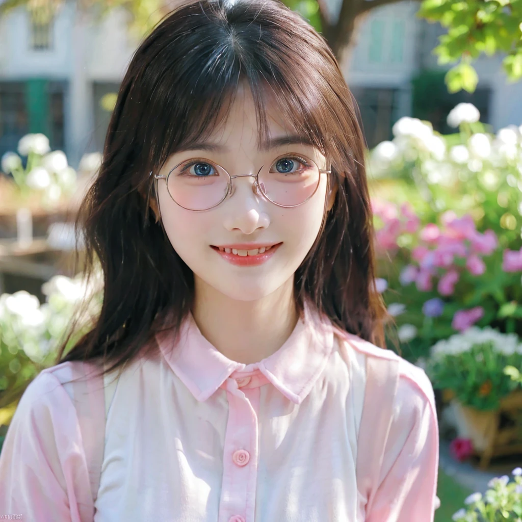 (best quality:1.2,8K,highres,ultra-detailed,photorealistic),Beautiful garden, soft light, girl, happy smile, gentle expression, (baby m 0.9), (soft powder makeup: 0.9), warm atmosphere, breathing fresh air, (fresh: 1.1) tone, realistic details, (soft: 1.1) uniform ), happy atmosphere, wide-open eyes. (Girl in a garden, black hair, blue eyes, very cute, happy, blushing, circle glasses, soft pink coat jacket, small breasts, entire body, looking at the audience, outdoor, day, clear sky, beautiful garden, soft lighting, joyful smile, gentle expression, baby mask,t makeup, warm atmosphere, breathing in fresh air, pastel tones, realistic details, uniform, concert, happy atmosphere, wide eyes.)