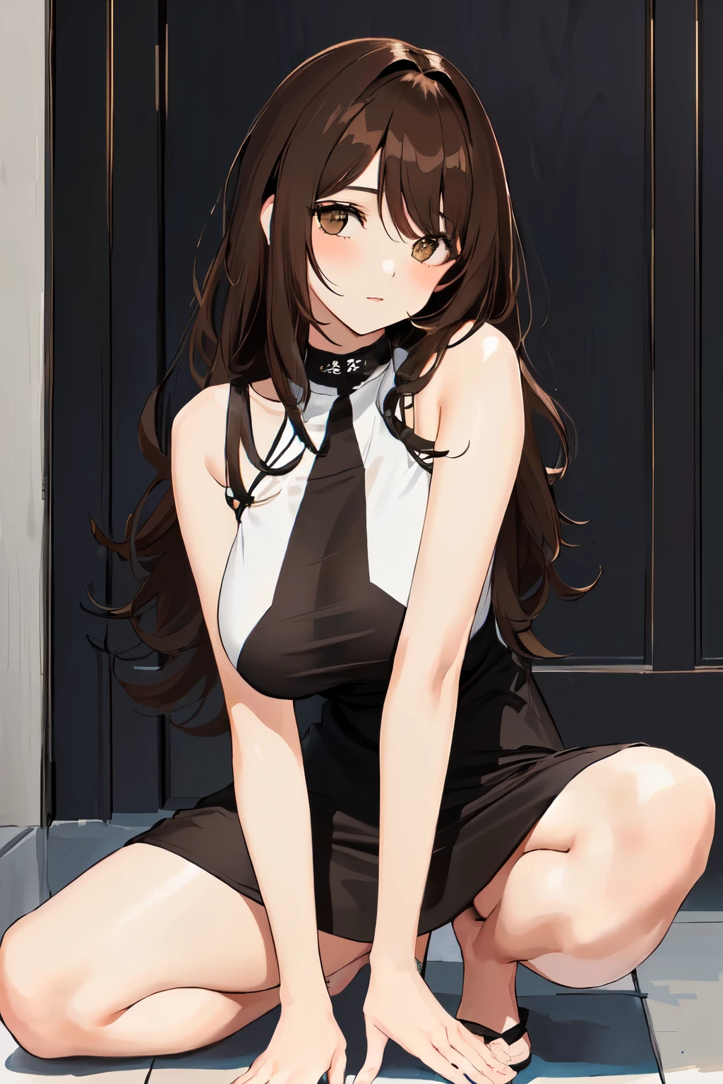 garota com cabelo comprido, cabelo castanho, cabelo cumprido, brown hair ((cabelo castanho)), garota com vestido camiseta preta, roupa modesta, camiseta preta de manga curta, roupa sensual, garota linda, roupas normais modernas, roupas comuns