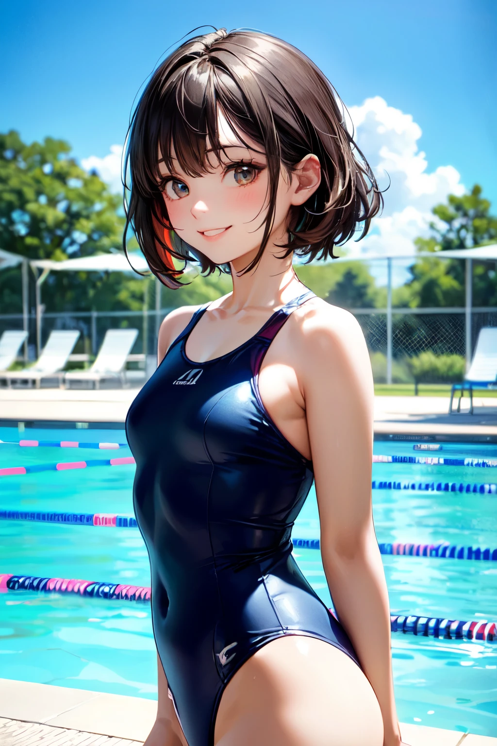 very cute and beautiful girl,(highly detailed beautiful face and eyes),(blue swimsuit),
standing,arms behind back,pool side,tiny colorful flowers on grassland,
(smile:1.2),looking at viewer,black hair,cowboy shot,
(best quality,masterpiece),absurdres,highres,ultra-detailed,extremely detailed,32k,
cinematic scene,detailed background,solo,dynamic angle,
hair fluttering in the wind,beautiful detailed sky,