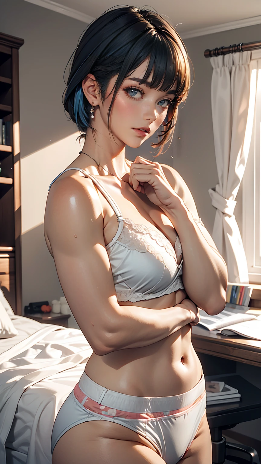 In the room, underwear, blush, Focus on the face, bangs, Hair Circle, Blue Hair、White woman