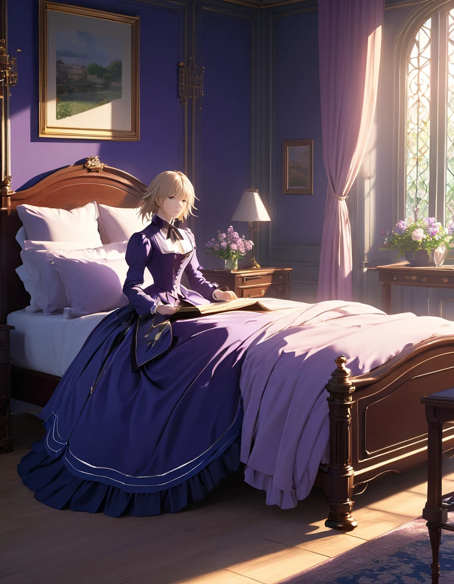 masterpiece, highest quality, (Highly detailed CG synthesis 8k wallpaper), (highest quality), (Best illustrations), (Best Shadow), (Stable Diffusion Model), Violet Evergarden, Sparkling, beautiful, victorian style bedroom, Dynamic Lighting, Depth of written boundary