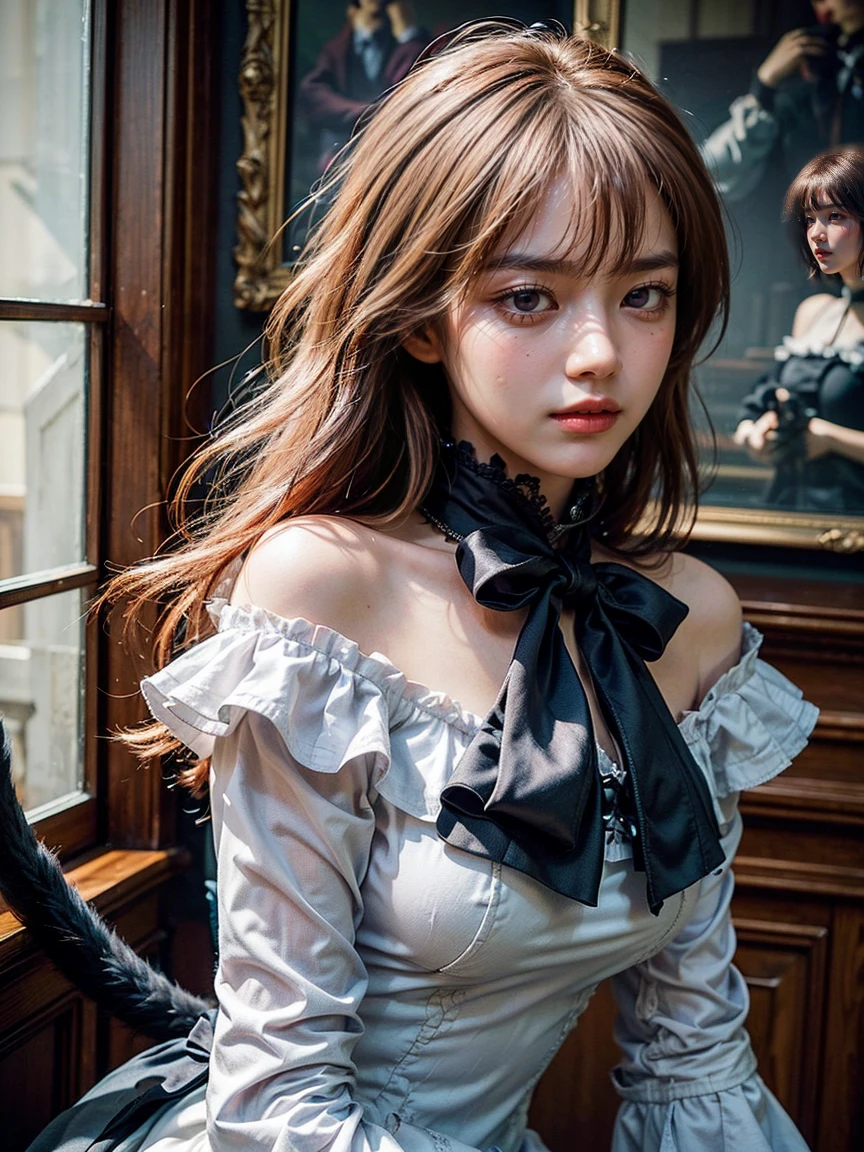 (1 lady), (Best quality at best:1.4), (ultra - detailed), (extremely detailed CG unified 16k), A Beautiful Woman with Perfect Figure: 1.4, Sharp Focus: 1.2, very detailed, High-definition RAW color photo, professional photoshooting, amazing face and eyes, cosmetics, (amazingly beautiful girl), ((frederica bernkastel)), ((purple bow, dress, frills, white kneehighs, kneehighs bow, mary janes, cat tail, tail ornament)), (Sunny day, huge gothic cathedral from outside, urban), realistic cinematic face, photo portrait, shoulders to head view, photorealistic, ((realistic natural orange redhair style, purple eyes, long hair, orange redhair)), gorgeous, extremely beautiful face, perfect model beauty, pout mouth, Highly Detailed Face and Skin Texture, Detailed Eyes, Double Eyelids, Natural Medium Breasts, Smile, cleavages, western, (masterpiece), best quality, high resolution, extremely detailed, blurred background, depth of field, cinematic lighting, clear and well-cared skin,