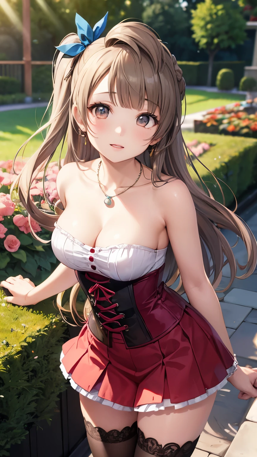 Minami Kotori, One side up, Hair Ribbon, masterpiece, top quality, high resolution, unity 8k wall paper, illustration, detailed eyes, extra detailed face, Highly detailed CG, glossy lips, light makeup, standing, necklace, (garden), strapless corset, thigh highs