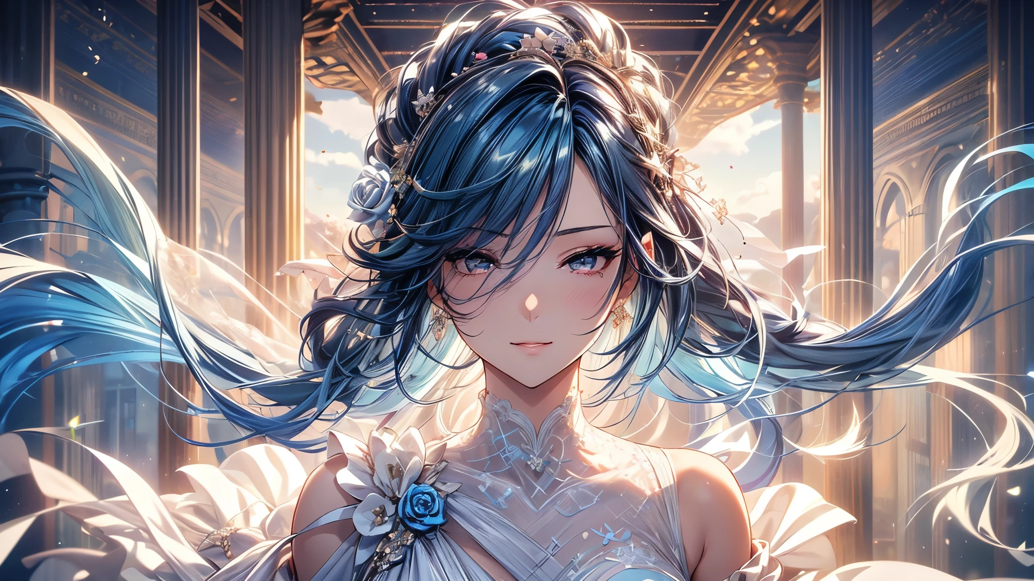 (masterpiece, best quality, beautiful and aesthetic:1.3), , 1 girl, Happy,  smirk,  (Dark blue hair Gradient sky blue hair:1.6), Absurdly long hair, half updo half up half down, wavy end, shiny hair, Flowing hair, (Deep purple eyes), Exquisite eyes, Aqua eyes, Super high detail eyes, long upper eyelashes, cosmetic, focus on face, Very rich facial details, Pretty Face, Perfect breasts, Hot body, (The skin texture is delicate:1.2), white Wedding dress, Lace-trimmed dress, transparent, Wedding dress, outdoor, White Rose, garden, morning, Everlasting, Very detailed, Octane Render