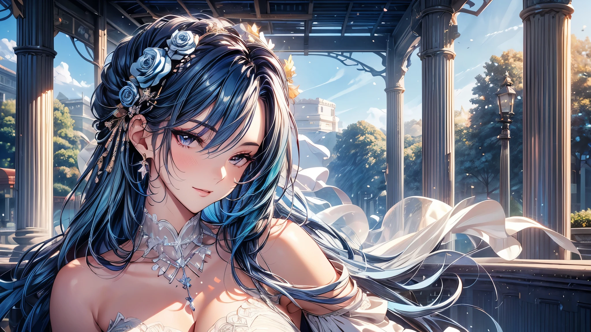 (masterpiece, best quality, beautiful and aesthetic:1.3), , 1 girl, Happy, smirk, (Dark blue hair Gradient sky blue hair:1.6), Absurdly long hair, half updo half up half down, wavy end, shiny hair, Flowing hair, (Deep purple eyes), Exquisite eyes, Aqua eyes, Super high detail eyes, long upper eyelashes, cosmetic, focus on face, Very rich facial details, Pretty Face, Perfect breasts, Hot body, (The skin texture is delicate:1.2), white Wedding dress, Lace-trimmed dress, transparent, Wedding dress, outdoor, White Rose, garden, morning, Everlasting, Very detailed, Octane Render