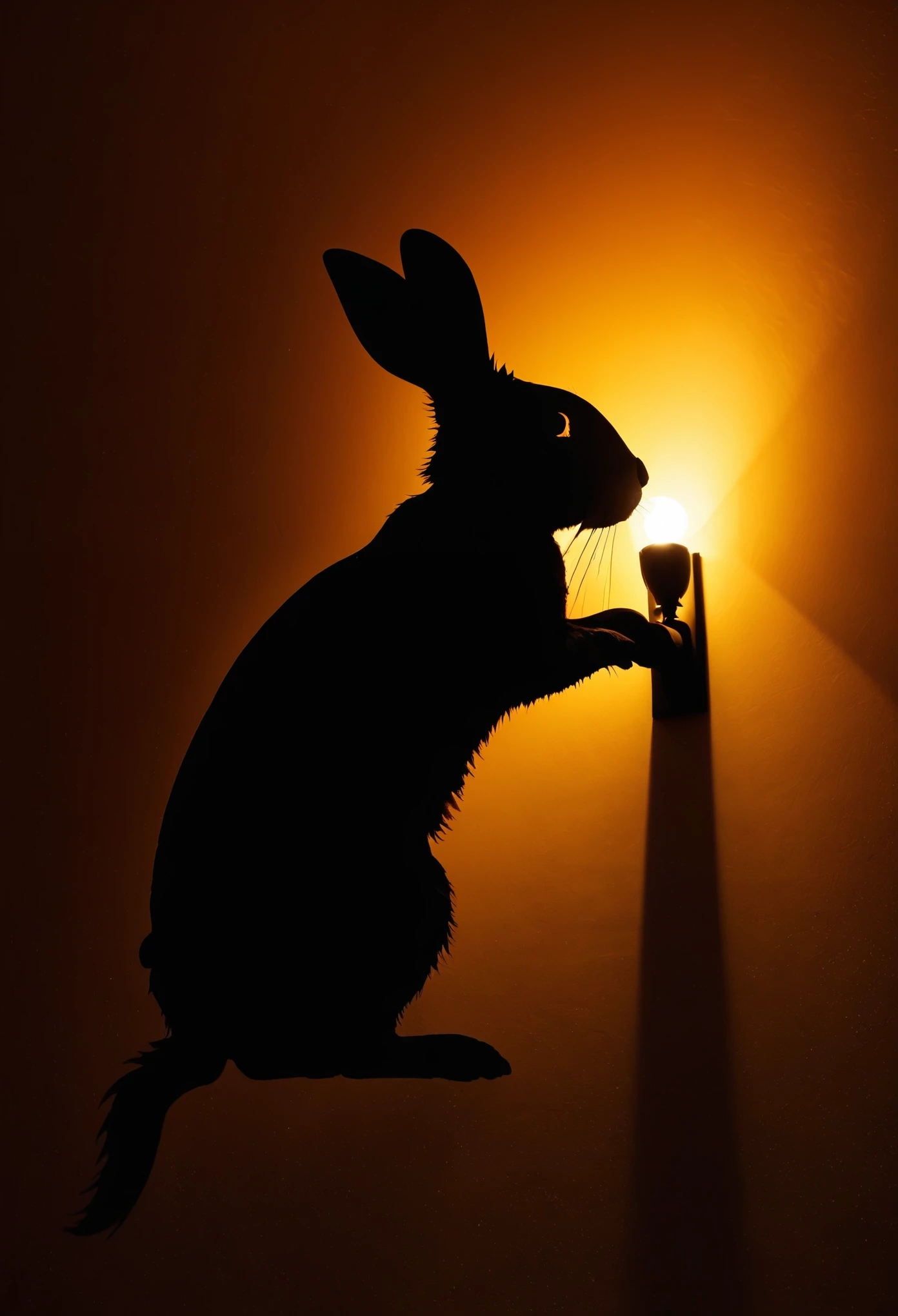 Shadow play on the wall,1 rabbit silhouette,dark,Spotlight,