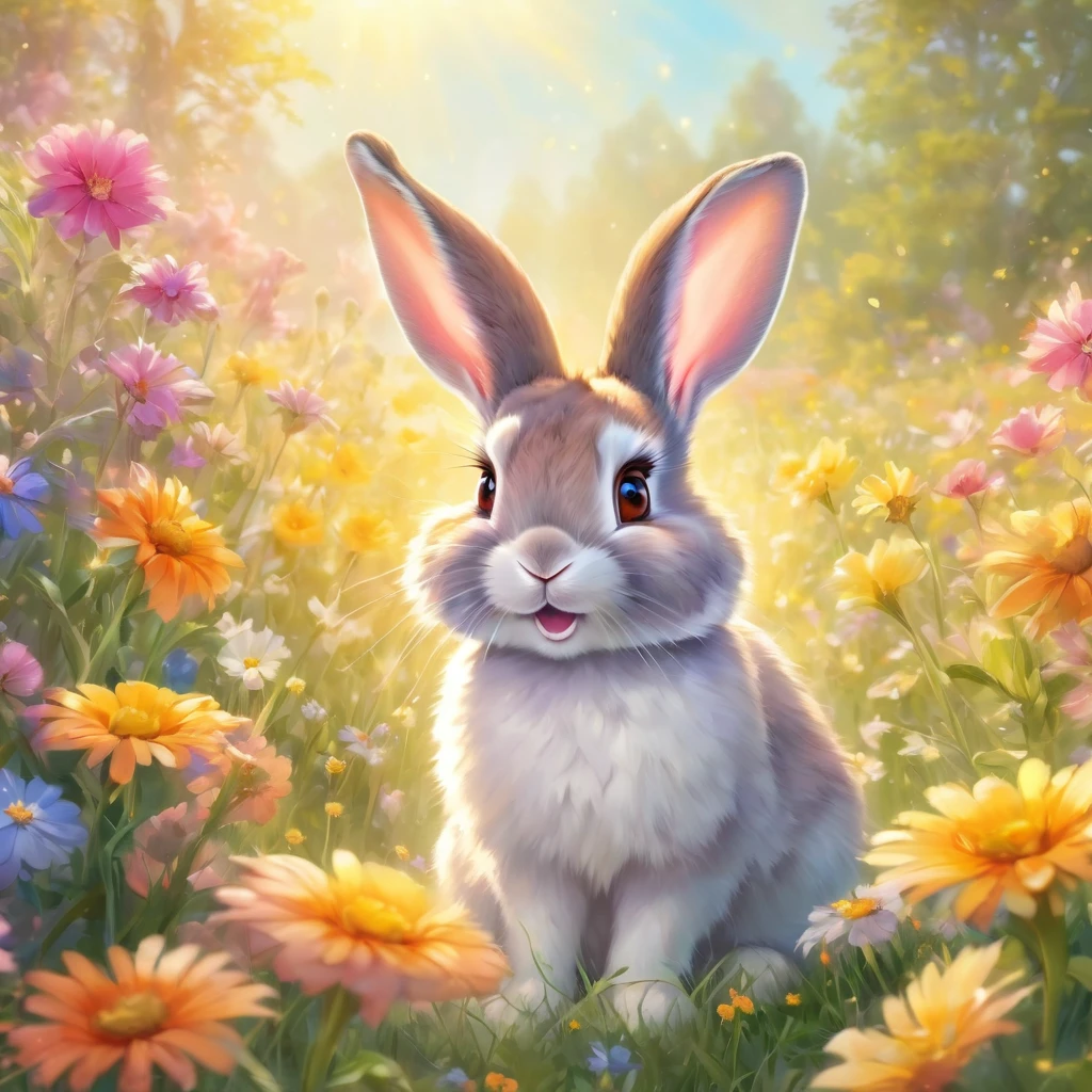 a cute rabbit with long brown ears, detailed fur, big eyes, button nose, adorable smile, sitting in a meadow of colorful flowers, sunlight streaming through the trees, soft pastel colors, ethereal, whimsical, magical, detailed, 8k, high resolution, photorealistic