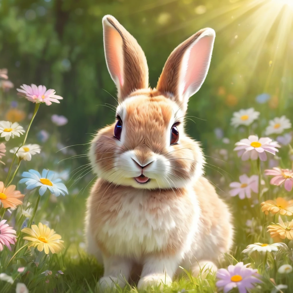 a cute rabbit with long brown ears, detailed fur, big eyes, button nose, adorable smile, sitting in a meadow of colorful flowers, sunlight streaming through the trees, soft pastel colors, ethereal, whimsical, magical, detailed, 8k, high resolution, photorealistic