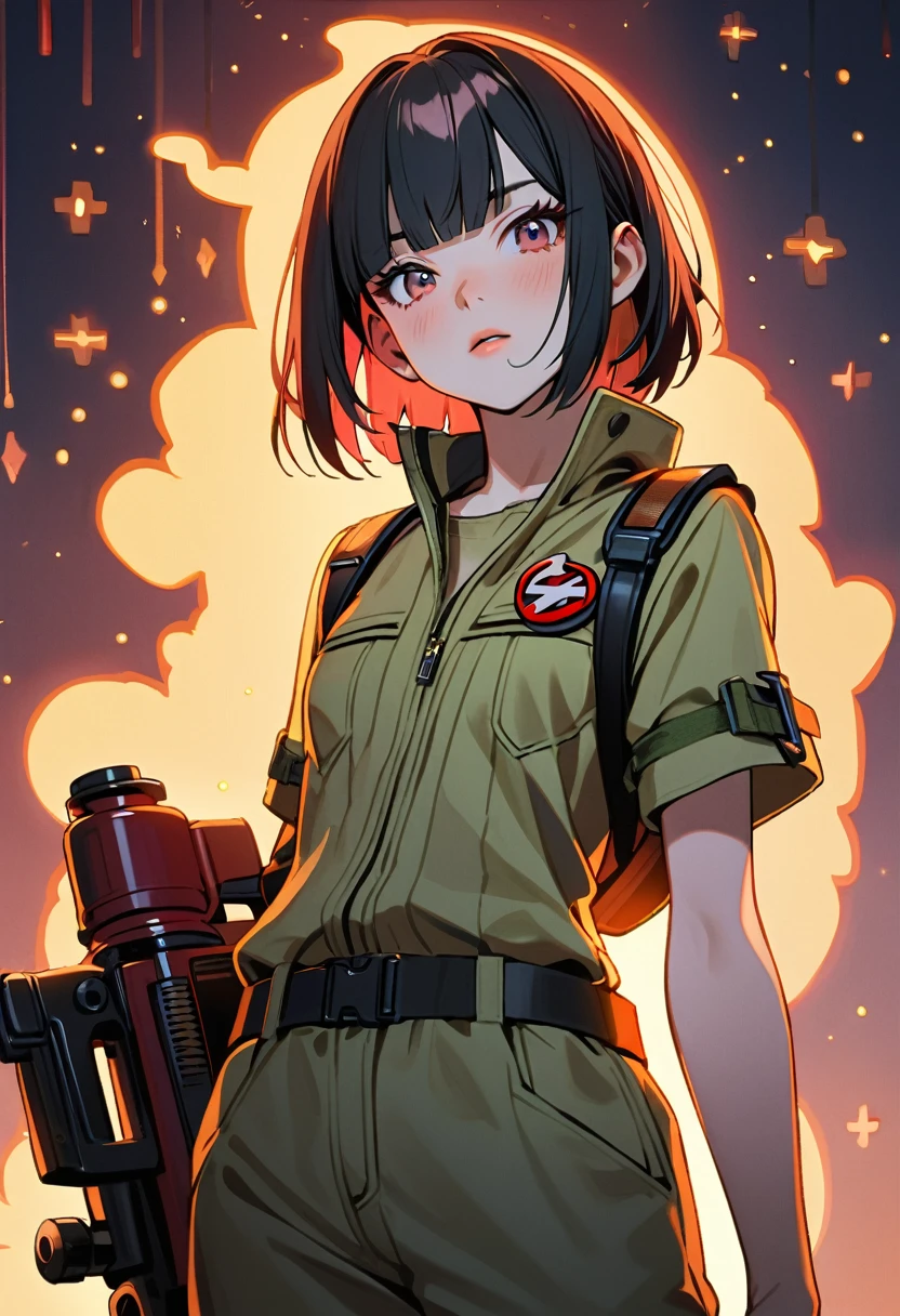 1girl exploring mysterious haunted mansion,(GHOST BUSTERS's jumpsuit(beige color)),Ghostbusters patch,Equipped with a proton pack and Proton Gun,BREAK ,beautiful detailed face,(navy hair,wavy-short hair),parallel eyebrows,navy eyes with large irises,blunt bangs,small nose, fresh lips,small breasts,(5feet tall)),
