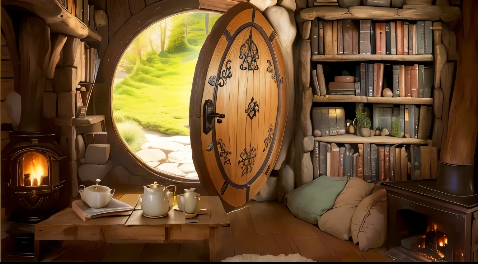 cozy hobbit house with side fireplaces, rounded door and bookshelf