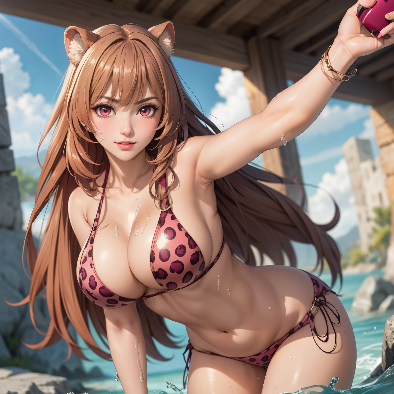 Raphtalia woman 27 años, cabello naranjo brillante con reflejos, sonrisa hermosa, rubor en mejillas, , orejas de oso, detailed ruby red eyes, pechos grandes, piel clara detallada, pink leopard print bikini, accesorios, selfi. manos perfectas. una sola mujer. mujer sola. selfi. cabello rubio. gotas de agua en su pecho, gotas de agua en su cabello. colores vibrantes, alta calidad.