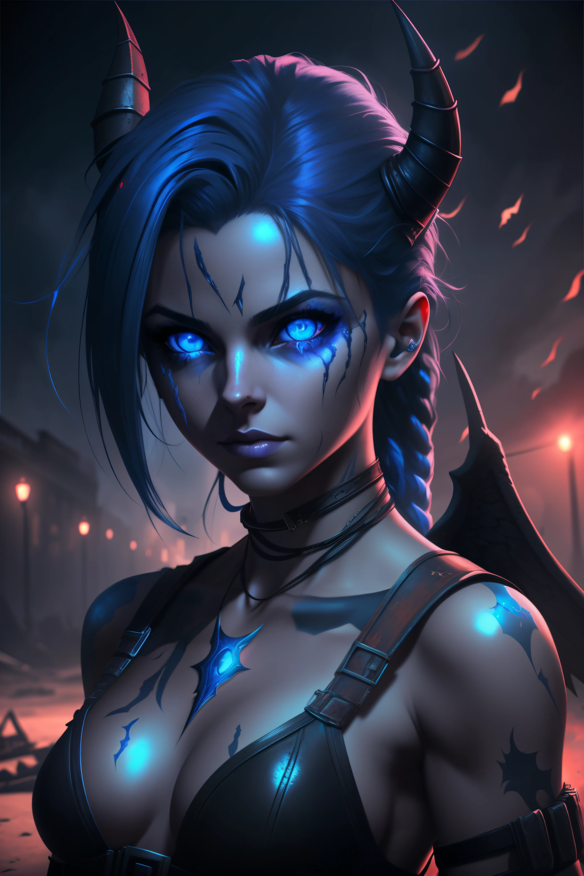 Lilith, beautiful demon, fallen angel, piercing blue eyes, hyperdetailed, photorealistic, post apocalyptic background, volumetric lighting, 4k