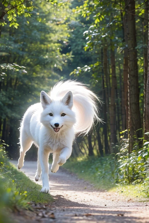 A cute white fox running in the forest,The wind blows its soft hair,Very comfortable