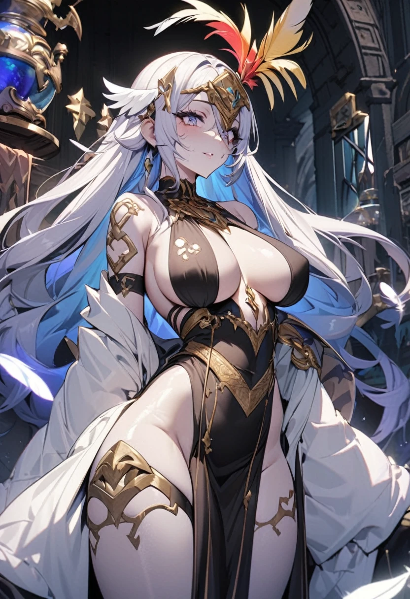 A lovely woman is part tropical bird, she has an amazing sexy figure, lovey detailed face with sharp features, over large eyes, patches of bright feathers. She is working as an alchemist (SFW) Show her entire body, set in an alchemy lab