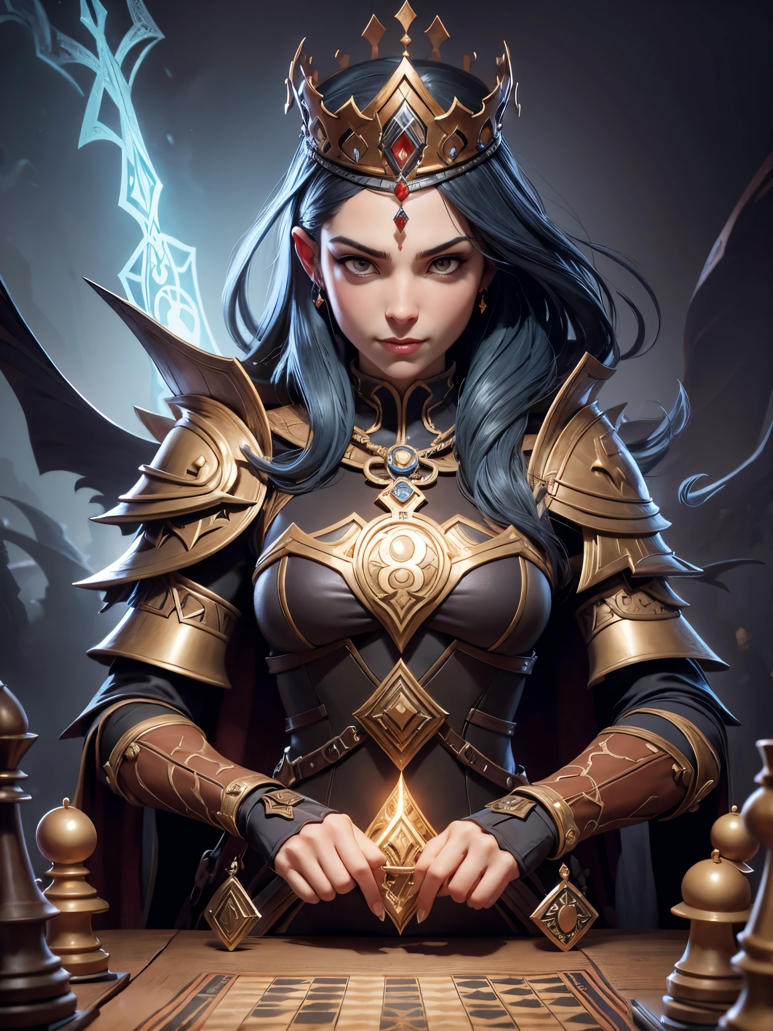 chess player with a crown on his head and a chess board, fantasy card game art, mtg art, by Jon Foster, board game cover art, by Jason Benjamin, by Kerembeyit, detailed game art illustration, by Tyler Jacobson, full art illustration, magic : the gathering art, graphic artist peter mohrbacher, epic fantasy card game art, by Noah Bradley