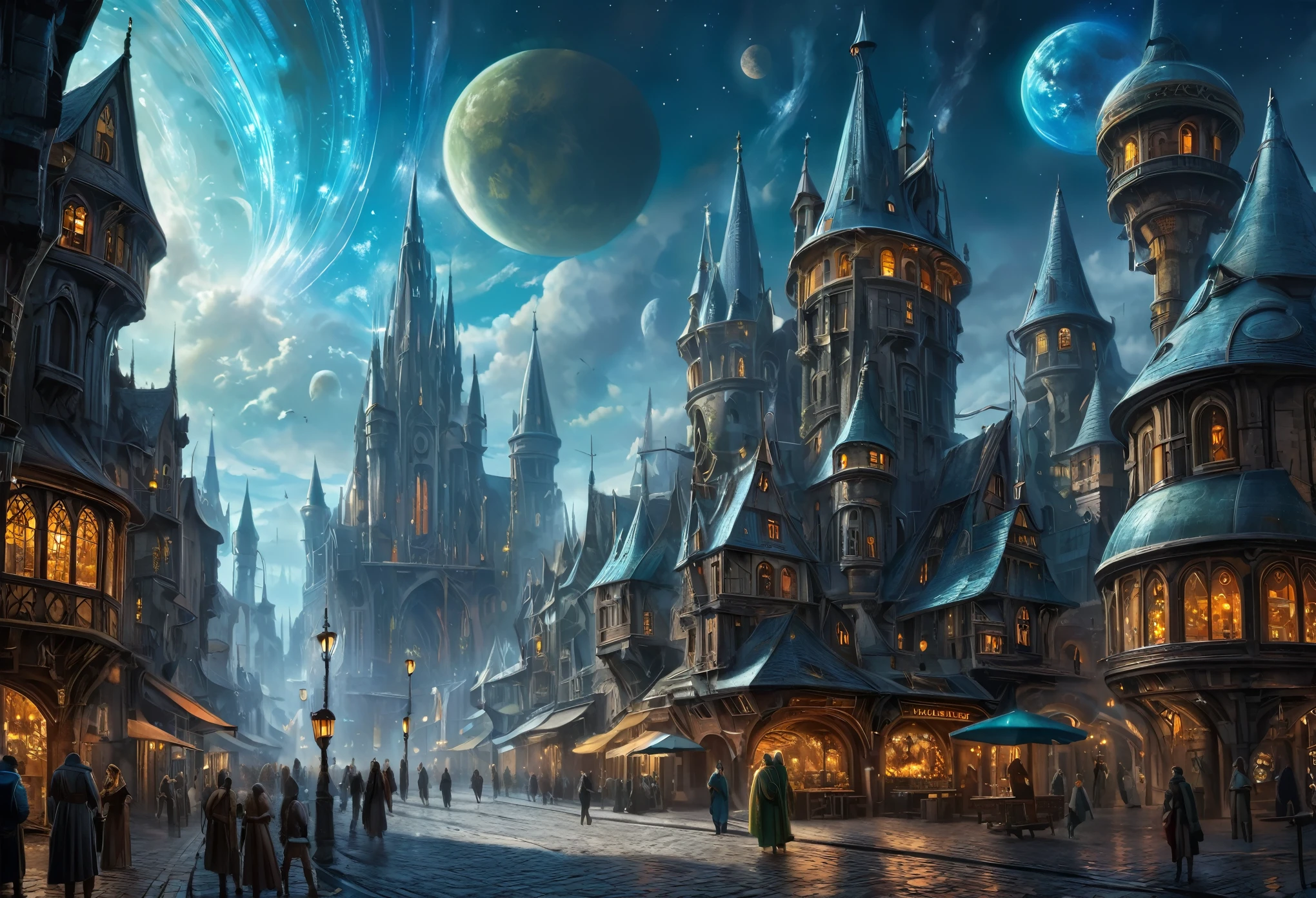 (a fusion of a medieval town and science fiction),oil painting,highres,ultra-detailed,vibrant colors,futuristic architecture,hovering spaceships,mysterious atmosphere,grand castles,twisting cobblestone streets,majestic spires,powerful energy fields,enchanted glowing crystals,steam-powered machinery,curious steampunk inventions,medieval knights in hi-tech armor,otherworldly creatures blending with humans,illuminated holographic signs,advanced transportation systems,glowing neon lights reflecting on the wet pavements,starry night sky with multiple moons,mechanical dragons soaring through the air,hidden underground laboratories,interdimensional portals,ancient ruins being transformed into futuristic structures,ornate stained glass windows depicting futuristic scenes,medieval marketplaces with futuristic kiosks and holographic displays,solar-powered energy generators,enchanted forests with bioluminescent plants,dazzling fireworks illuminating the sky,endless possibilities merging the past and the future.